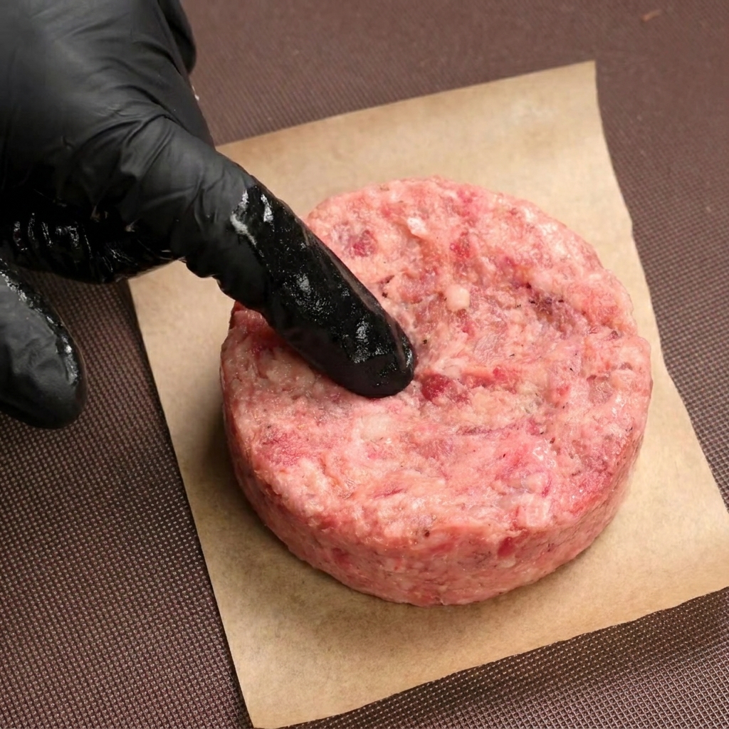 A raw hamburger patty shaped with a mold and having a dimple pressed into the center.