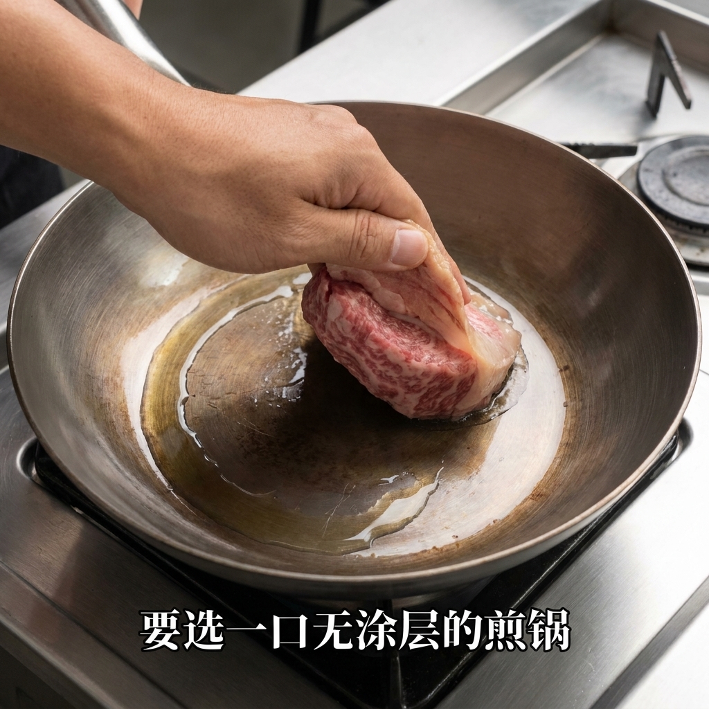 A raw hamburger patty being placed into a preheated, oiled frying pan.