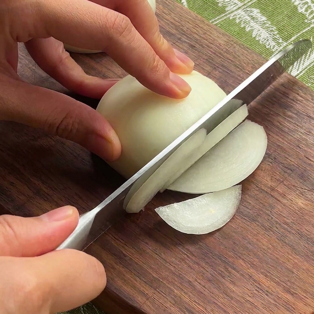 Slicing half an onion into thin strips on a wooden cutting board.