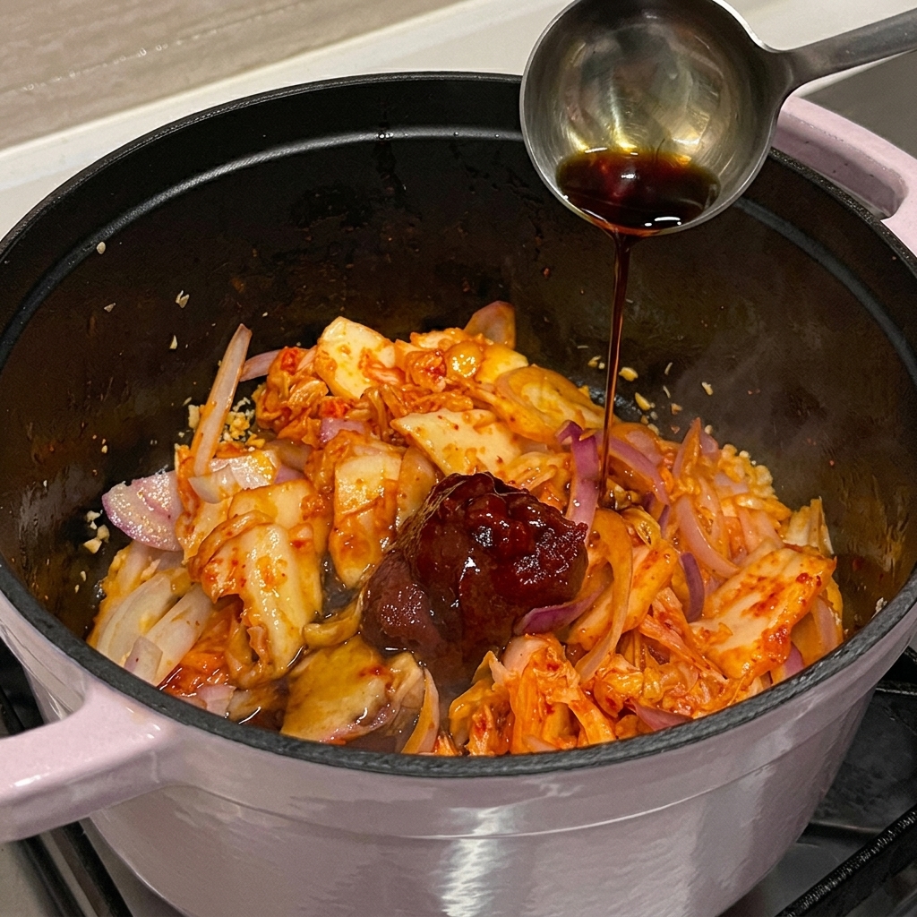 A metal ladle pouring savory dark seasoning sauce into a pot filled with sautéed kimchi and red onion.