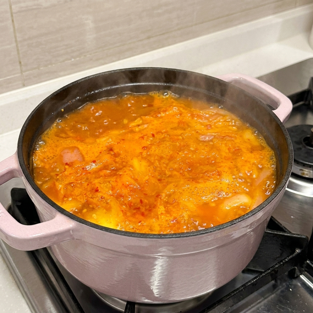 A pink pot lid being placed on top of a bubbling, aromatic kimchi and pork rib soup.