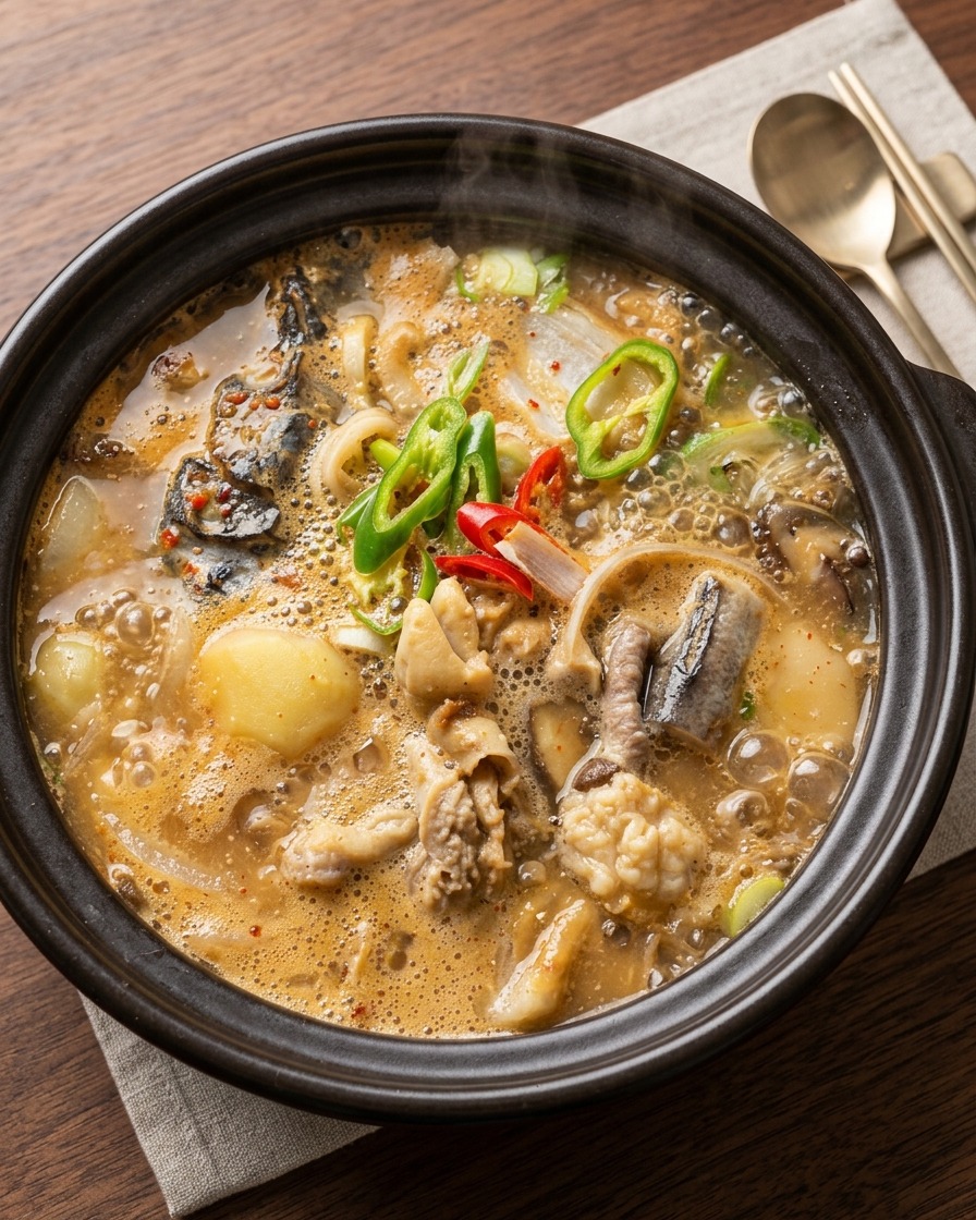 Boiling fish and soybean paste stew with tofu pieces added, simmering in the clay pot.