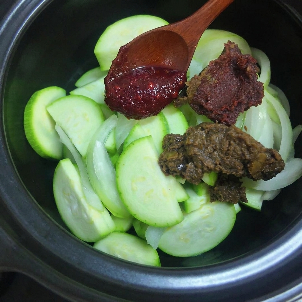 Two spoons of dark Korean soybean paste and one spoon of red chili paste are added on top of the raw vegetables in the pot.cite: 1