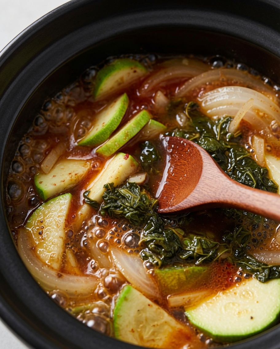 Soaked dark green wild perilla leaves are stirred into the actively boiling, reddish-brown stew with a wooden spoon.cite: 1