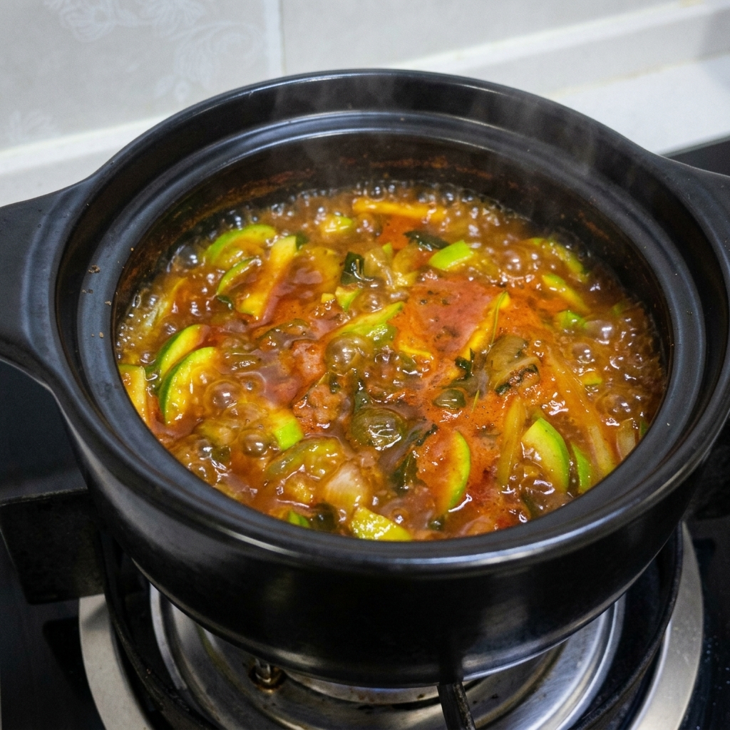 Sliced red chili peppers and chopped green onions are added as the final garnish to the boiling stew.cite: 1