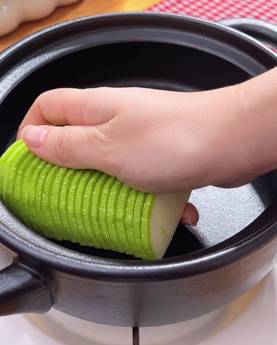 A large spoonful of Korean soybean paste being placed into the pot.