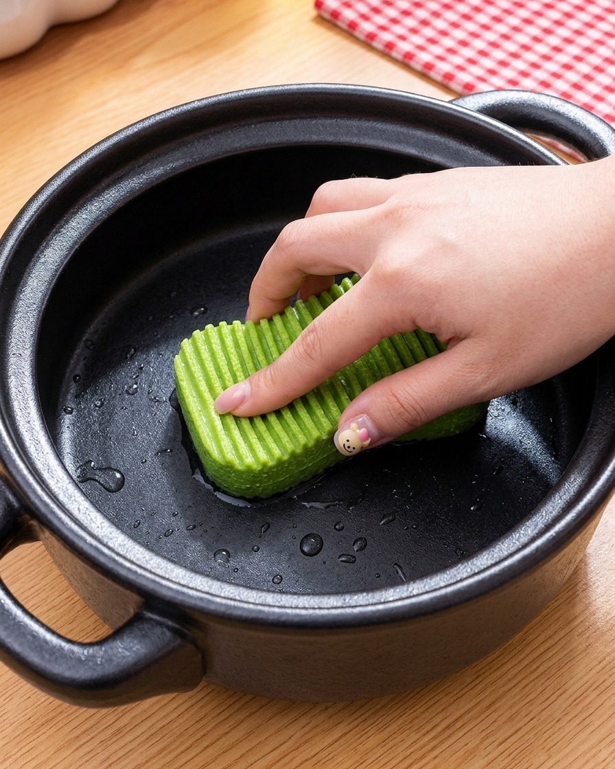 Rice water being poured into the pot before covering with a lid.