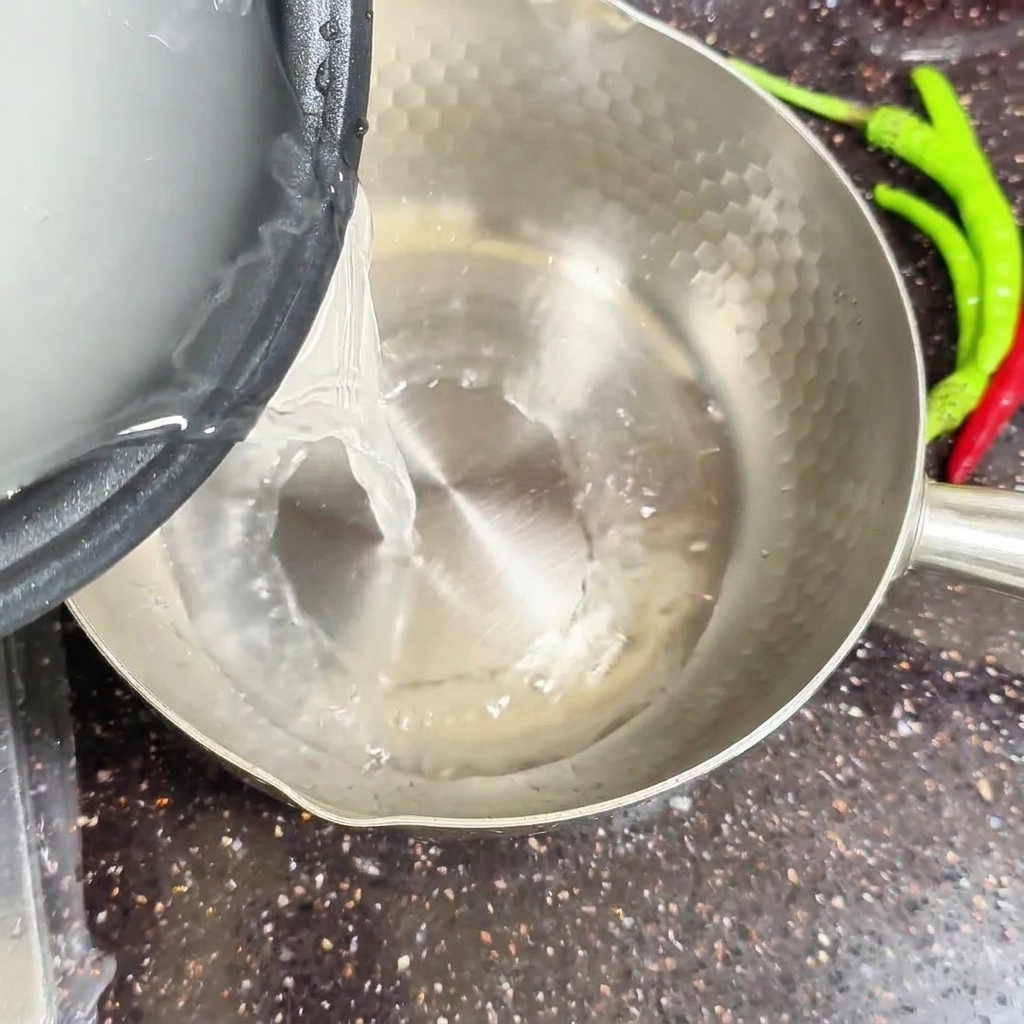 Milky white rice water being poured into a clean silver pot on the stovetop.