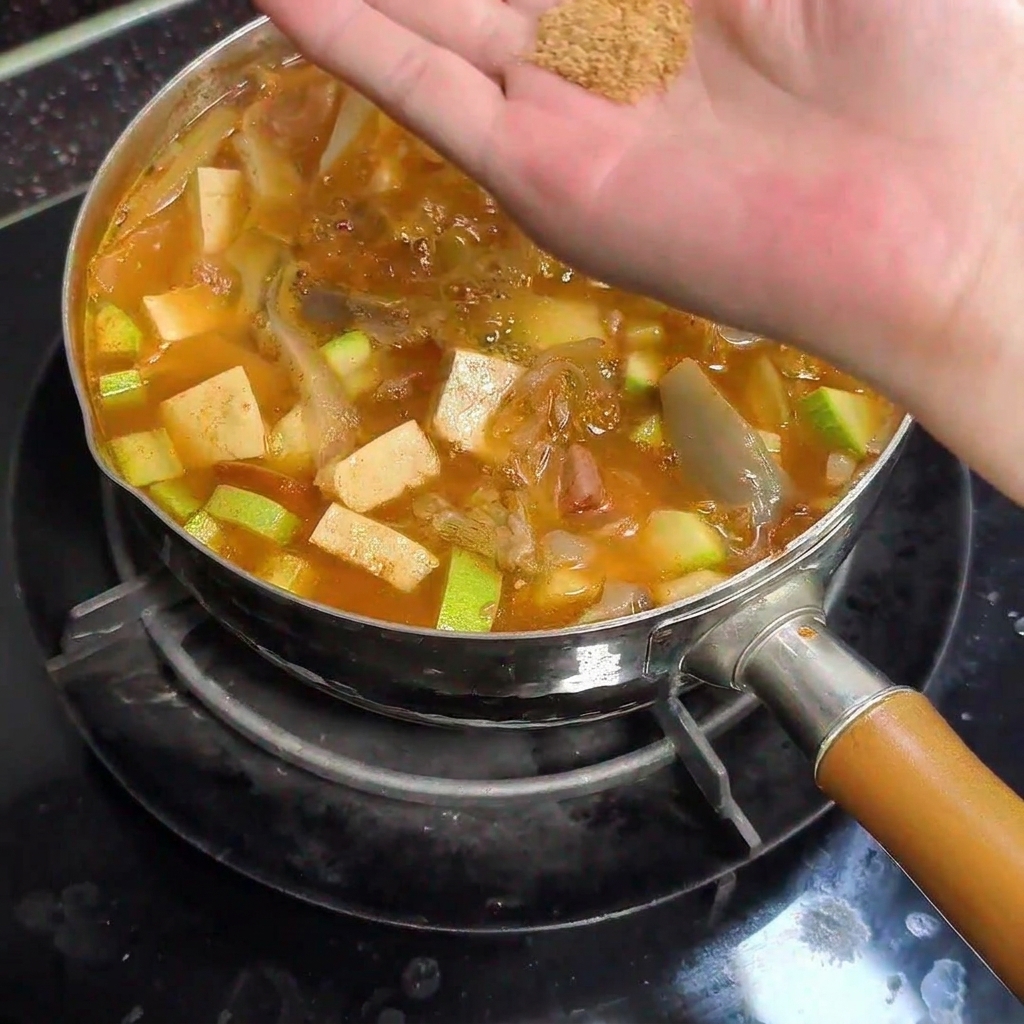 A hand pinching light brown beef bouillon powder over a pot of boiling Korean stew.