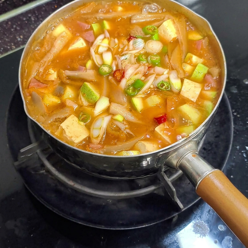 A close-up of a brightly colored, bubbling Korean soybean paste stew in a pot, loaded with tofu, zucchini, and fresh chili peppers, being given a final stir.