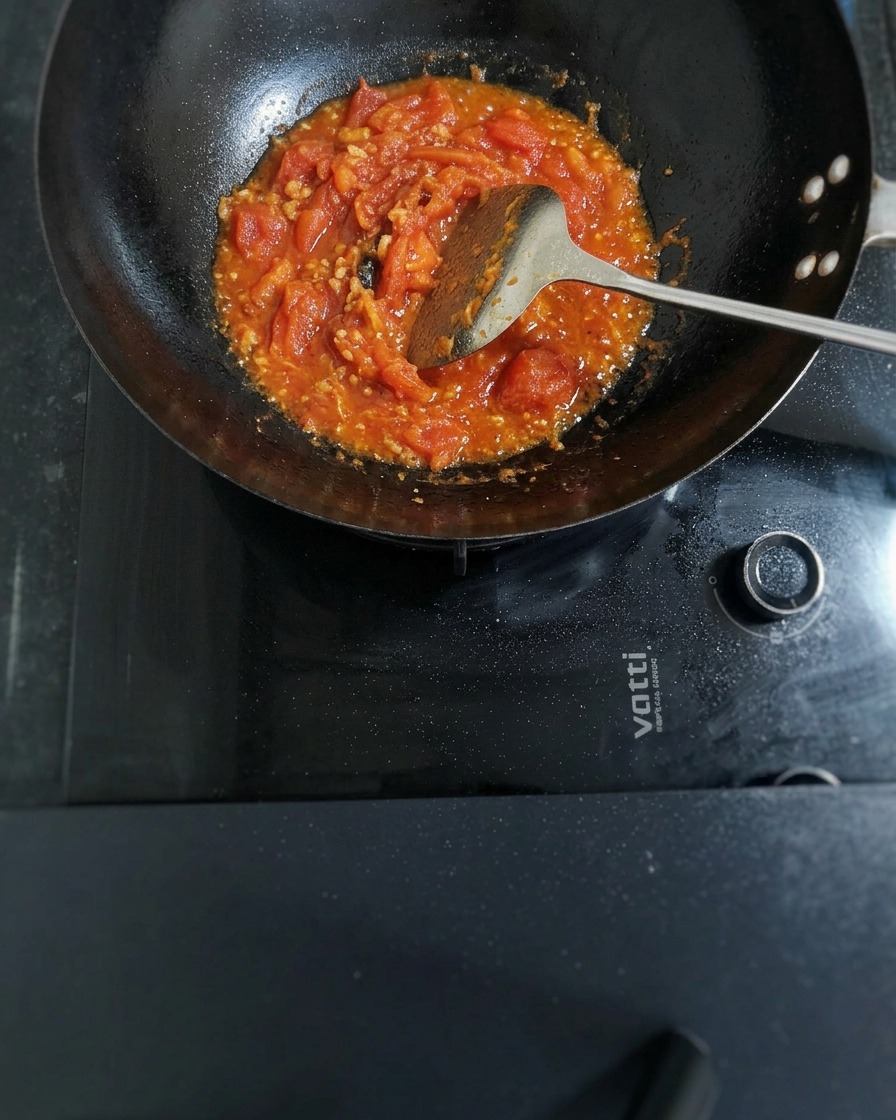 Hot water being poured into the wok, mixing with the cooked tomato base to create a soup.