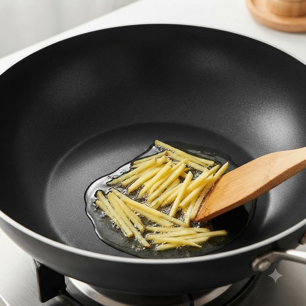 Shredded ginger frying in hot oil inside a dark wok.