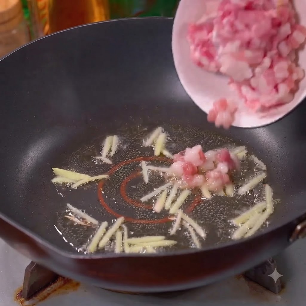 Minced pork sliding from a bowl into the wok with ginger.