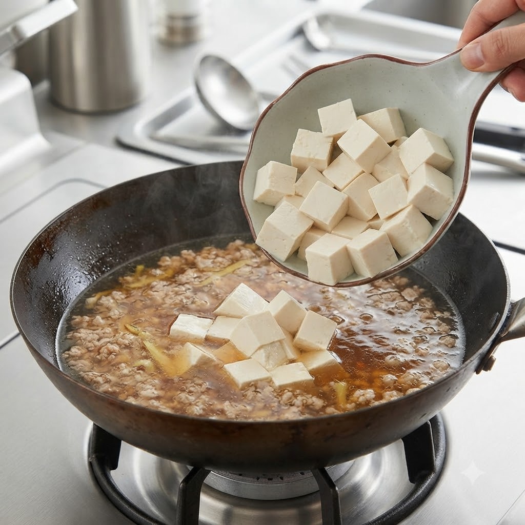 Tofu cubes sliding into the simmering soup broth.