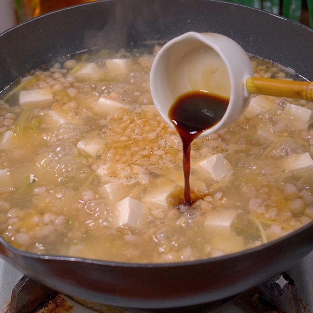 Dark soy sauce being poured from a small white ladle into a simmering wok filled with soup, tofu, and minced meat.