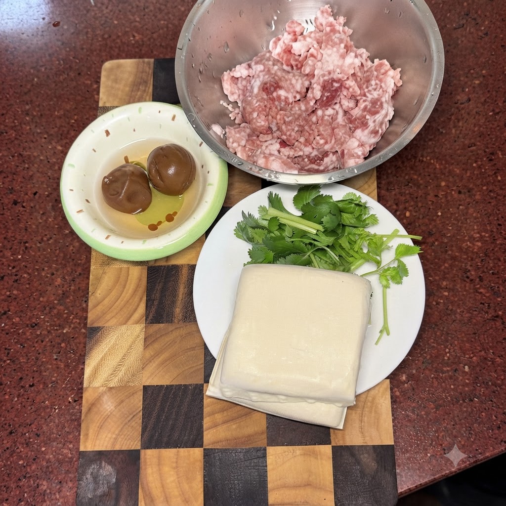 Minced pork and salted plums being chopped together on a wooden board with tofu and coriander nearby.