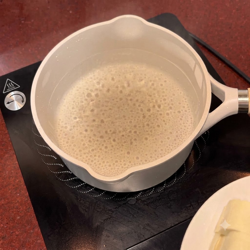 Tofu pieces simmering in a pot of boiling water on a black induction stove.