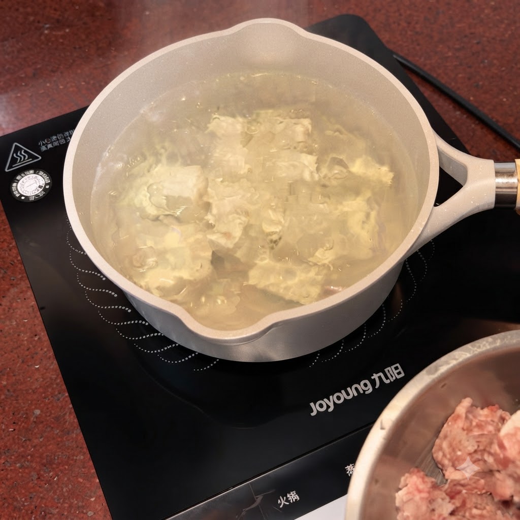 Scattered pieces of minced pork being dropped by spoon into the boiling pot of tofu and water.