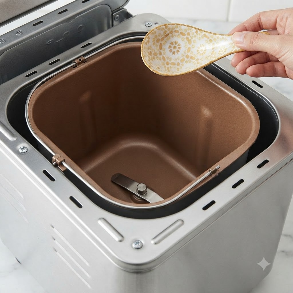 A ceramic spoon holding ingredients above the inner container of a bread maker.