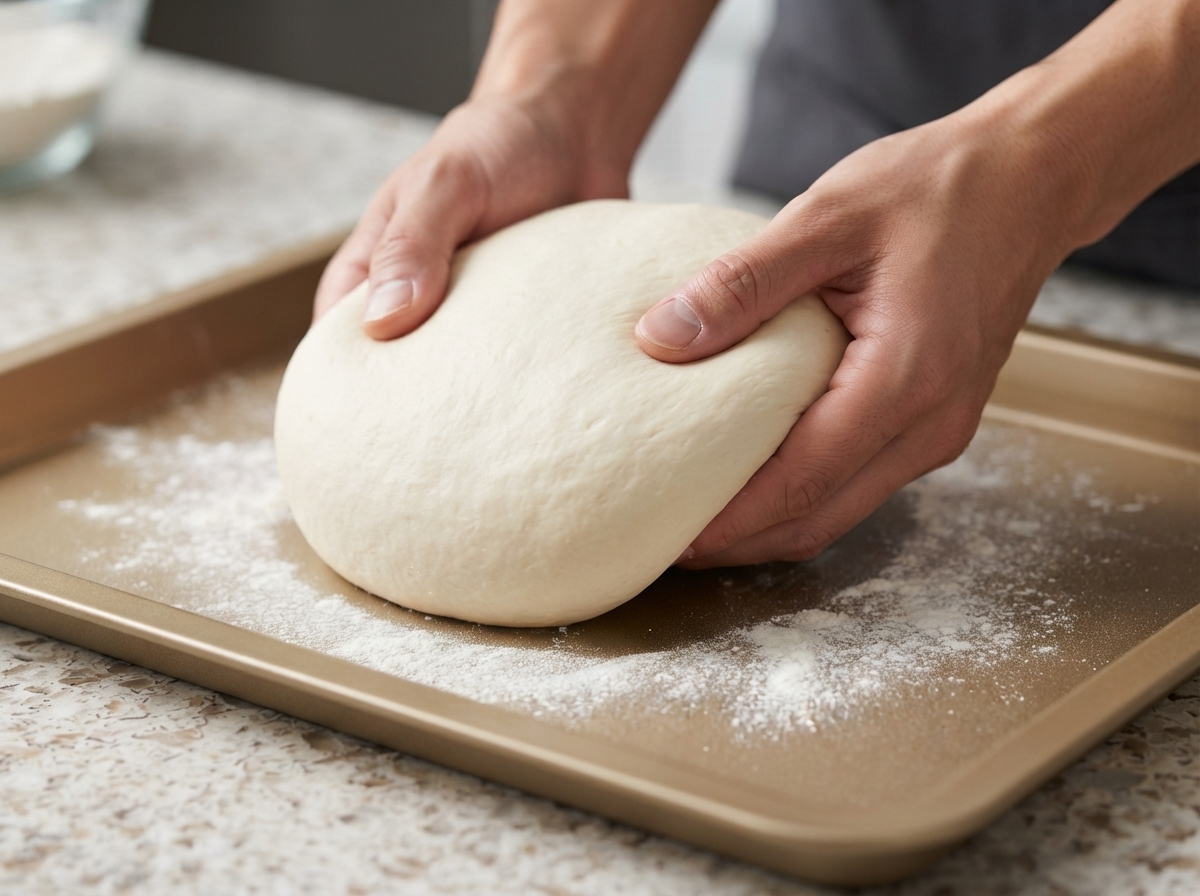 Hands stretching a smooth ball of white dough over a lightly floured gold baking sheet.