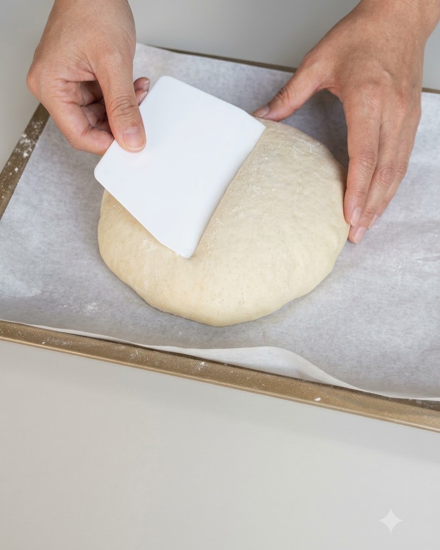 Hands using a white plastic dough scraper to shape a mound of dough on parchment paper.