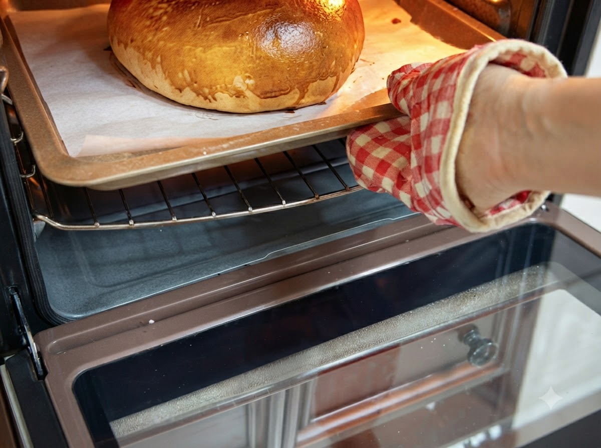 A golden-brown baked giant burger bun on a baking sheet being removed from the oven.