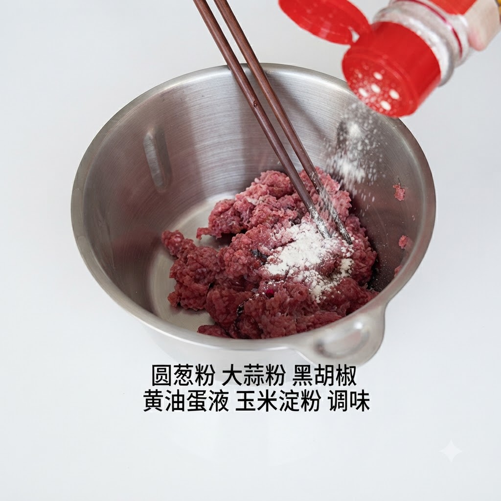 A metal bowl containing minced beef while powder seasoning is being sprinkled on top from a red-capped bottle.