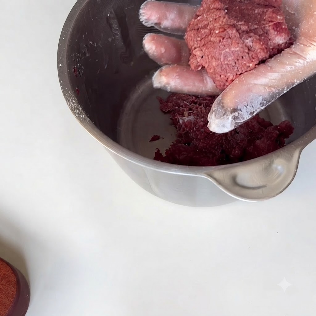 A gloved hand kneading and tossing seasoned ground beef inside a stainless steel bowl.