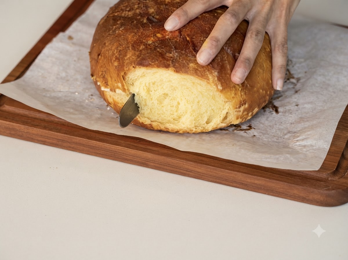 A hand holding a bread knife slicing horizontally through a large round baked bun on parchment paper.