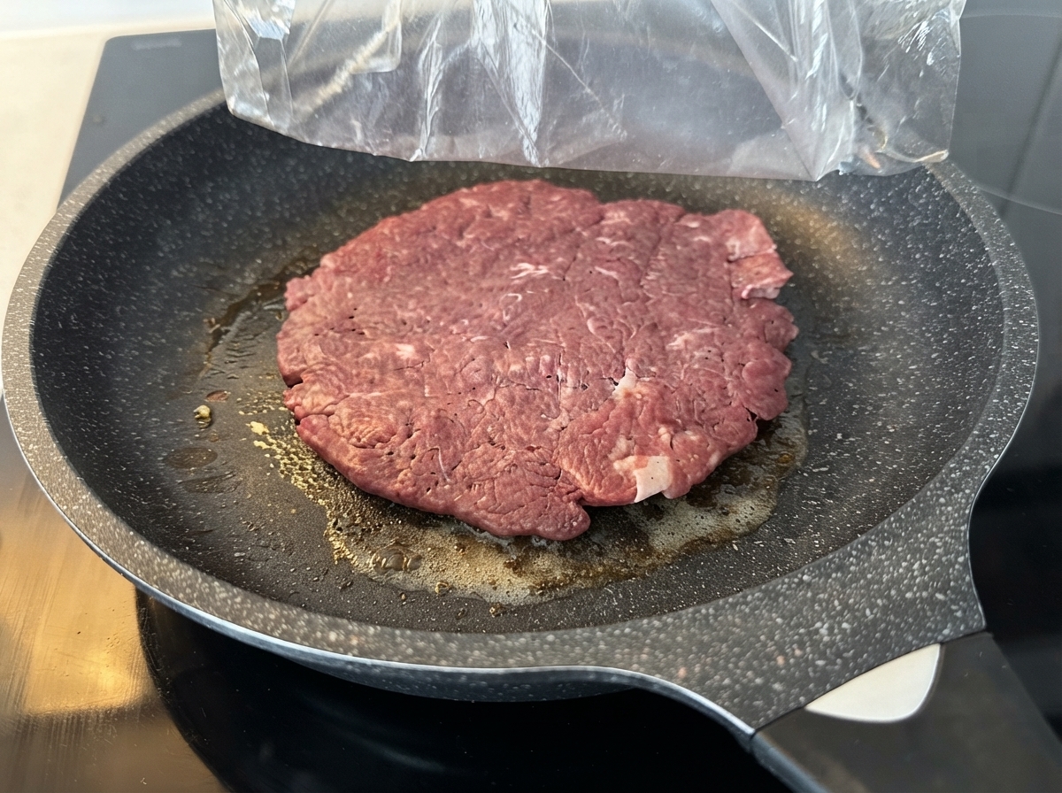 A large raw beef patty cooking in a greased non-stick skillet over a stovetop.