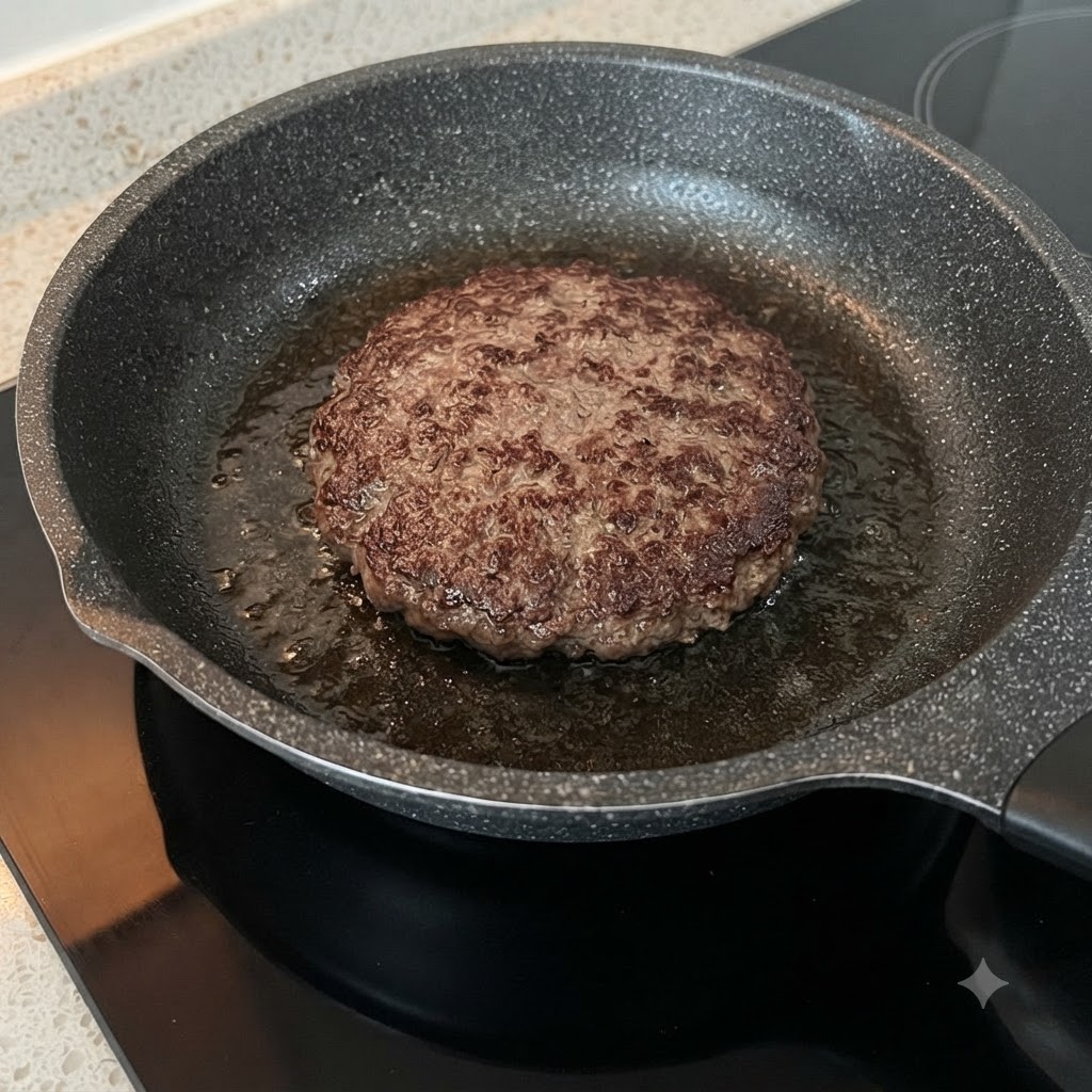 Slices of yellow cheese melting on top of a sizzling beef patty inside a frying pan.