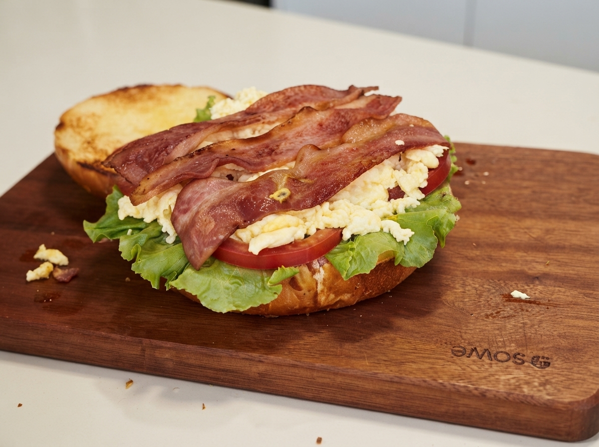 Crispy bacon strips placed on top of scrambled eggs, lettuce, and sliced tomatoes on a wooden board.
