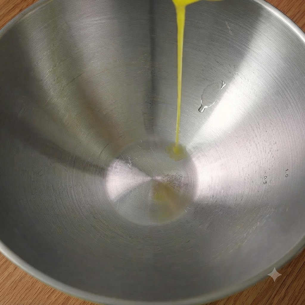 Melted butter being poured into the center of a stainless steel mixing bowl on a wooden tabletop.