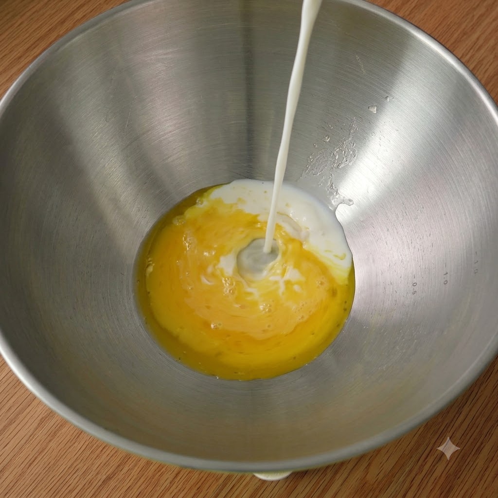 Eggs, milk, and other baking ingredients combined in a mixing bowl.