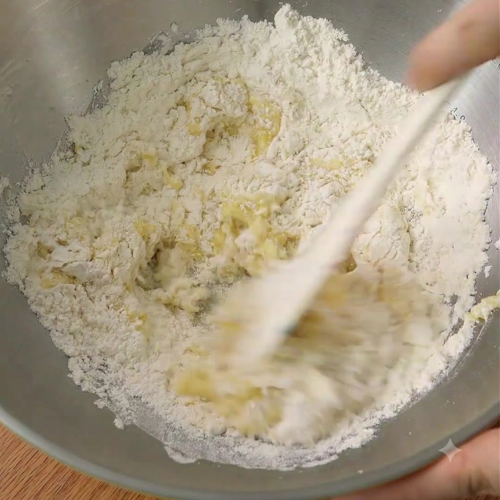 A spatula mixing bread flour, sugar, salt, yeast, egg liquid, and melted butter inside a metal bowl.