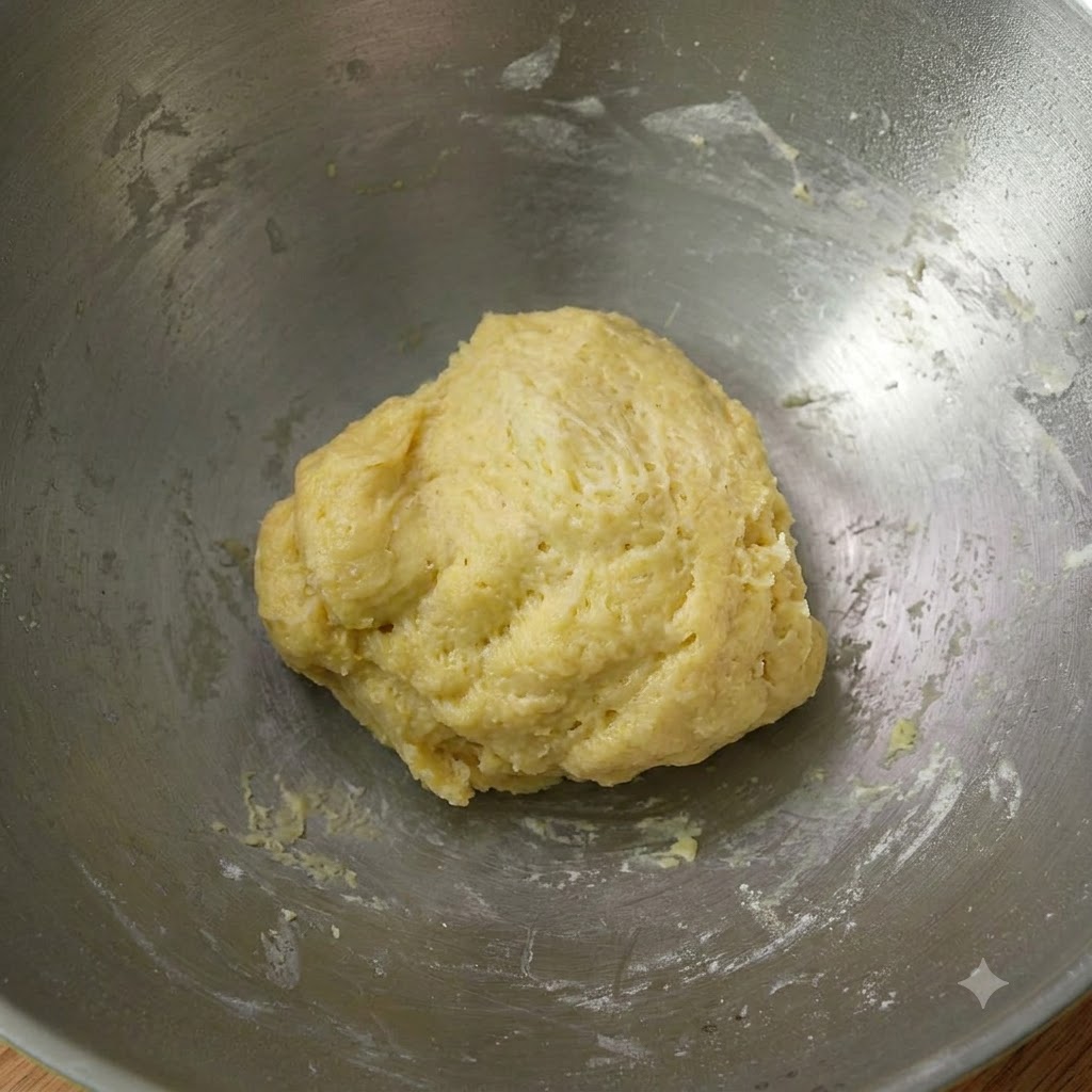 Dough gathered into a ball inside a metal mixing bowl after initial mixing.