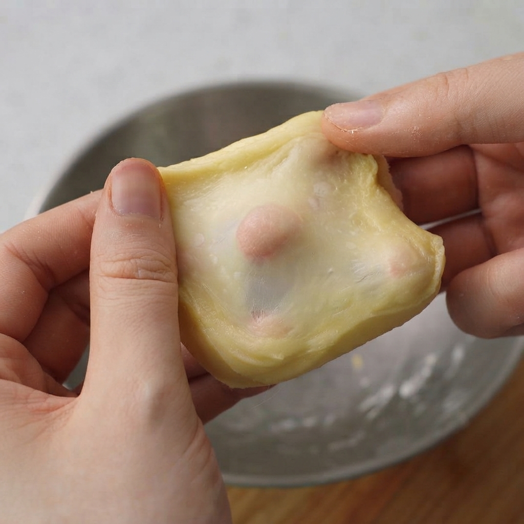 Hands stretching a portion of smooth dough to reveal a translucent windowpane film.
