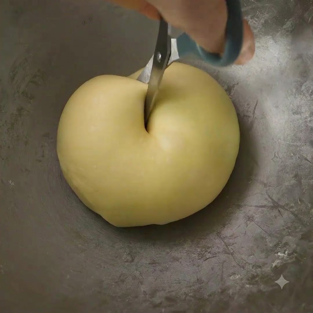 A metal dough scraper dividing a smooth ball of dough inside a mixing bowl.