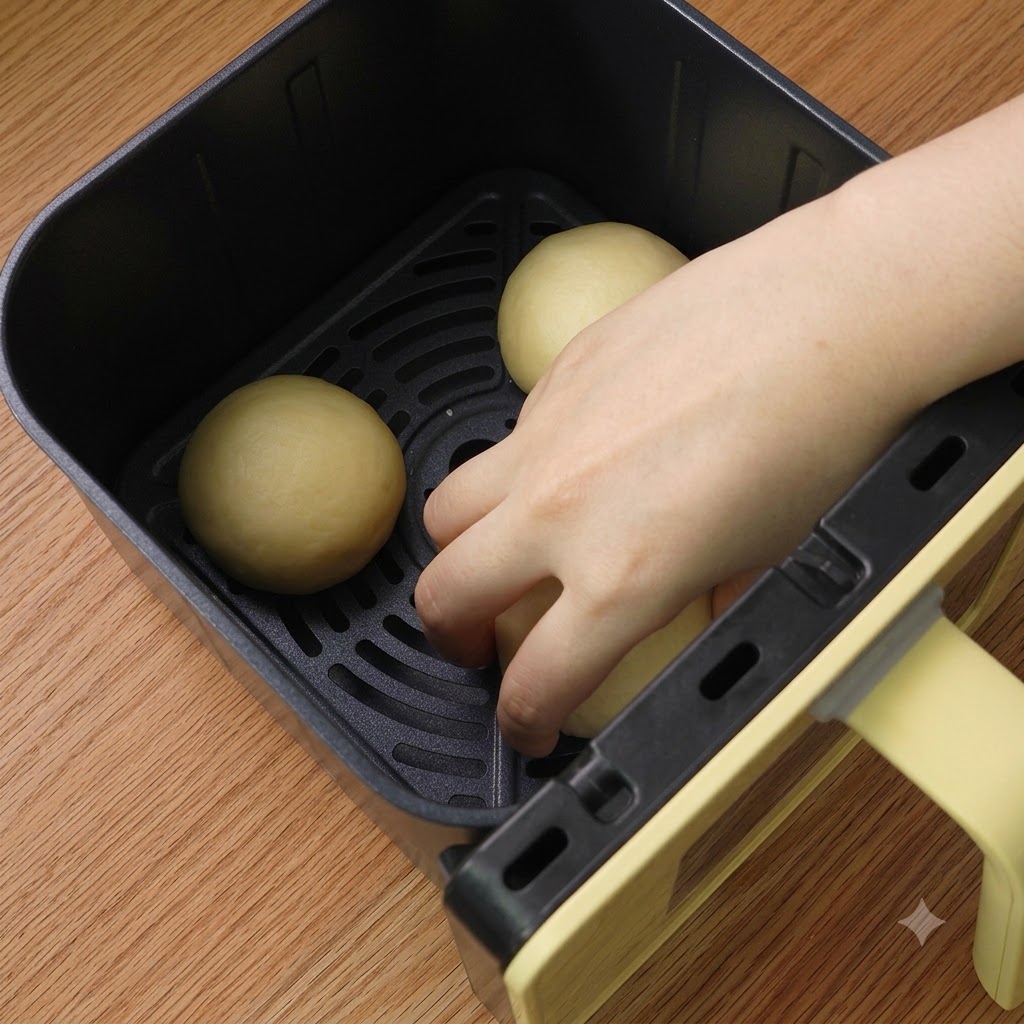 Three shaped dough balls neatly arranged inside the air fryer basket.
