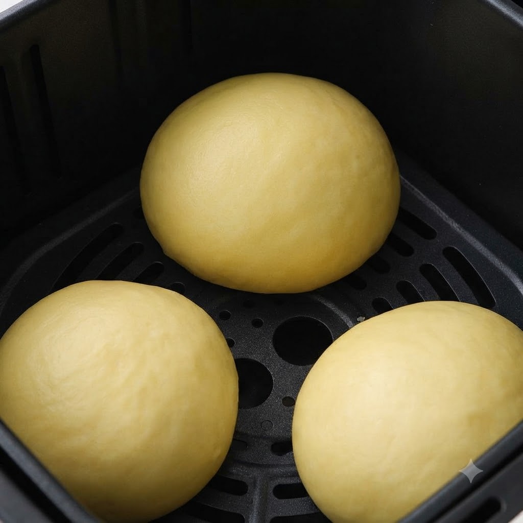A pastry brush applying an egg wash over shaped hamburger buns in an air fryer basket.