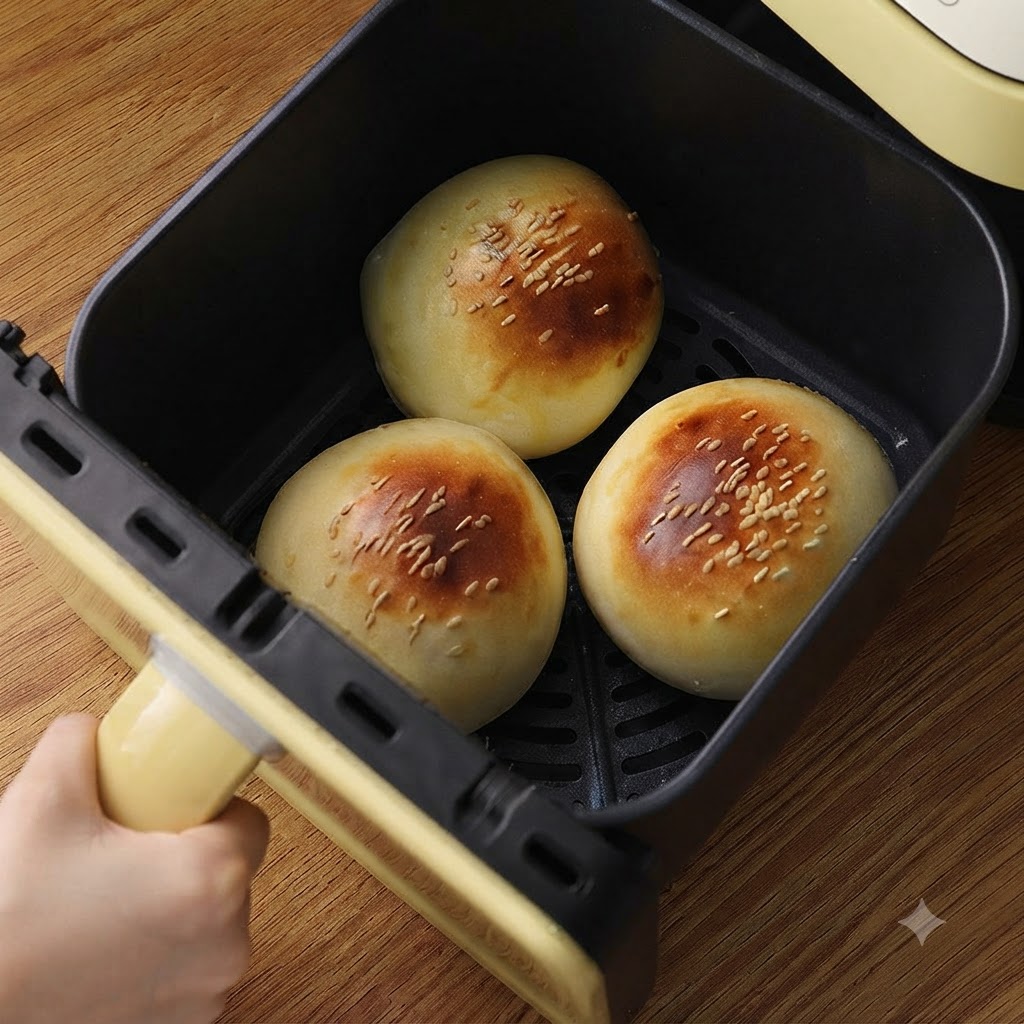 Aluminum foil being placed over a baking basket containing golden-brown baked buns.
