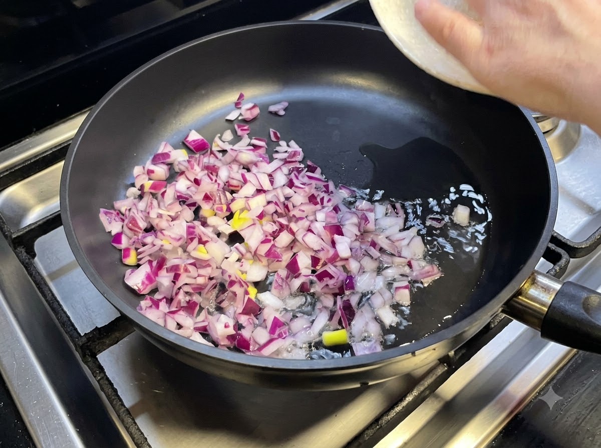 Chopped red onions sizzling in hot cooking oil inside a frying pan while minced beef is being poured in.