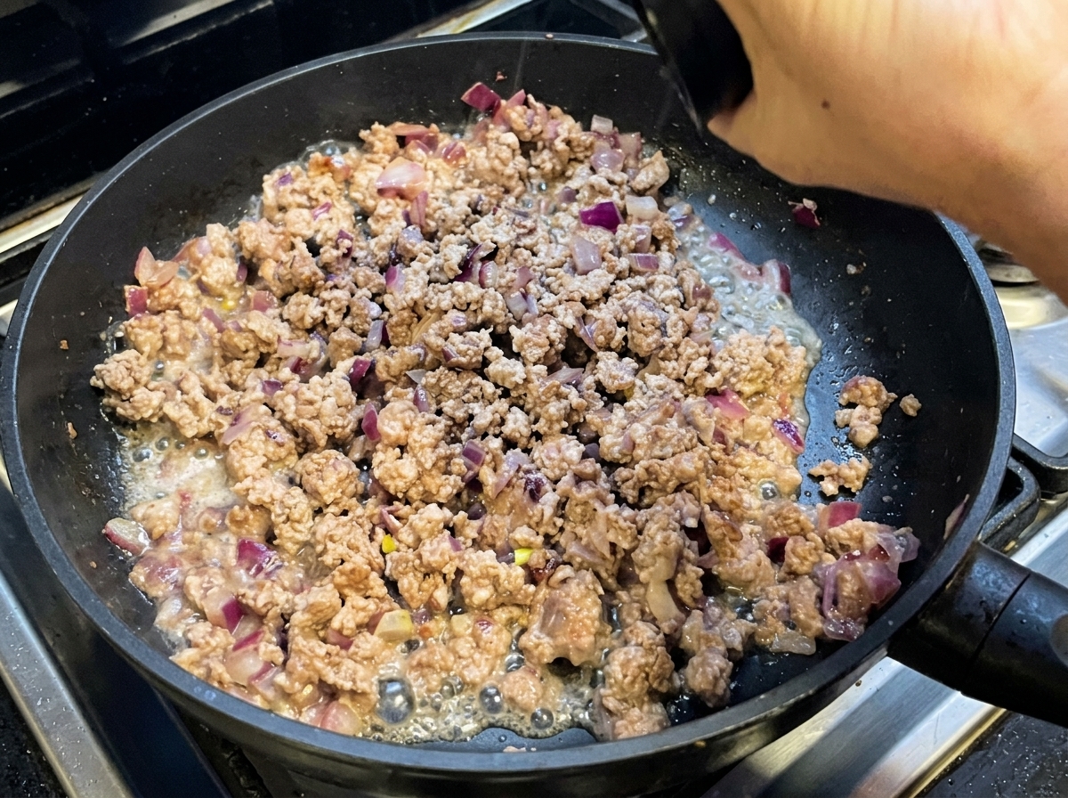 Ground beef and onions cooking in a pan while seasonings are sprinkled on top.