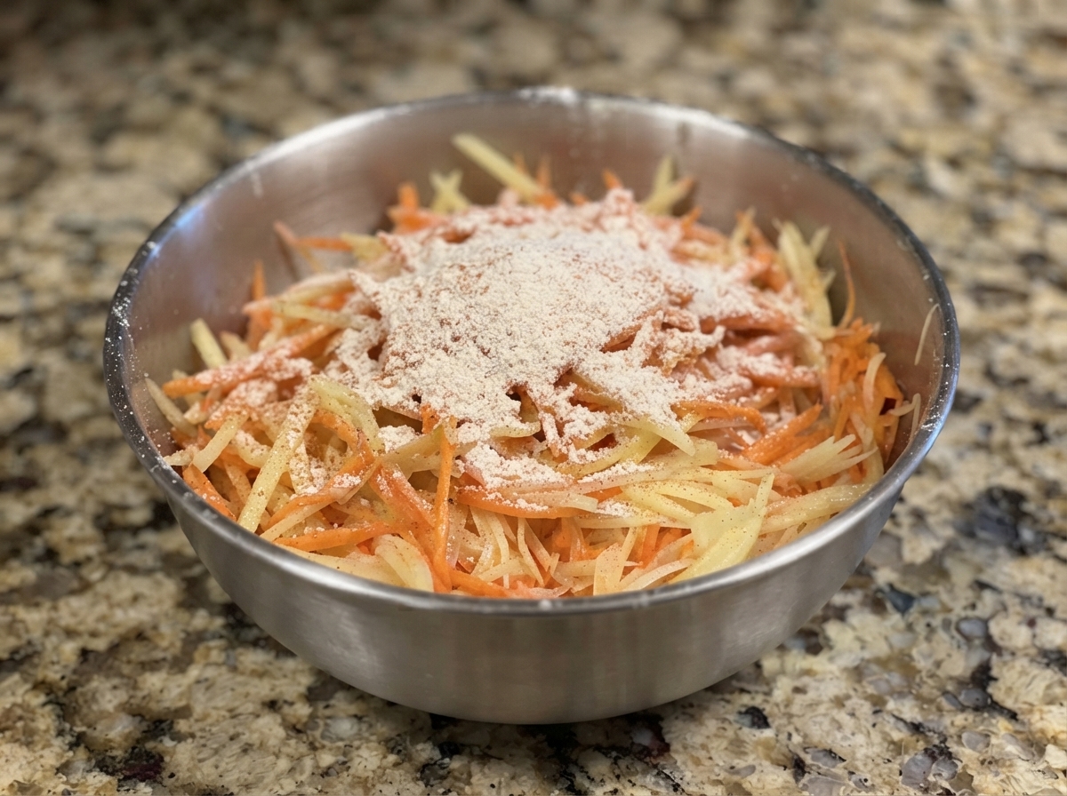 A ladle of flour being sprinkled onto a bowl of grated potatoes, carrots, and eggs.