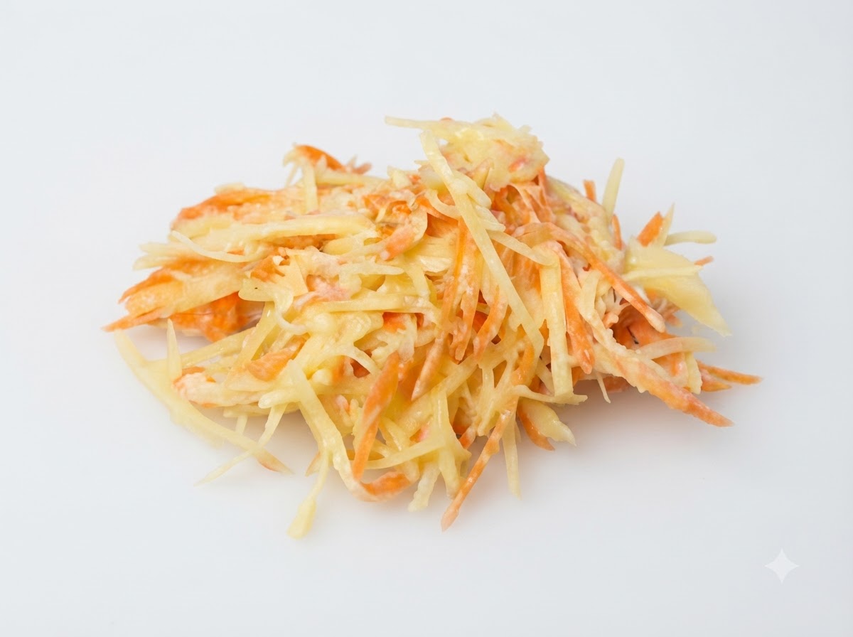 A pile of mixed shredded potatoes and carrots coated with egg and flour mixture sitting on a surface.
