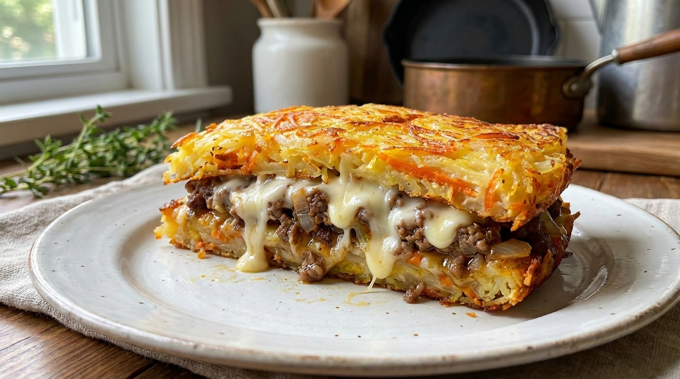 A sliced portion of pan-fried potato beef pie revealing crispy golden edges and a generous filling of melted cheese and seasoned beef.