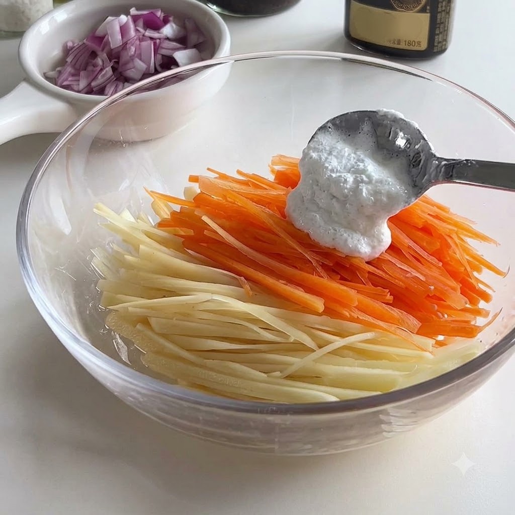 A spoonful of white flour being added to shredded carrots and potatoes in a glass bowl.