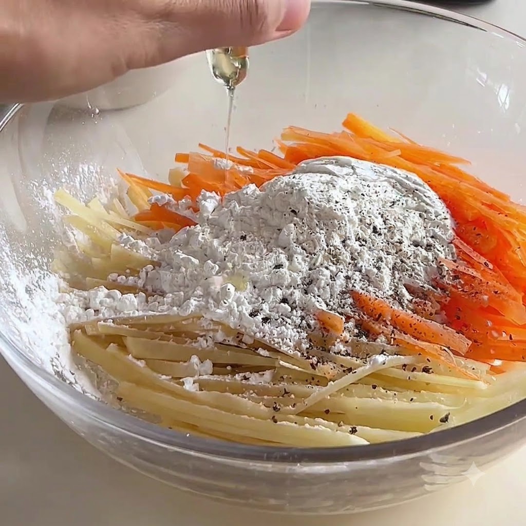 A hand pouring liquid into a clear glass bowl filled with shredded carrots, potatoes, flour, and spices.