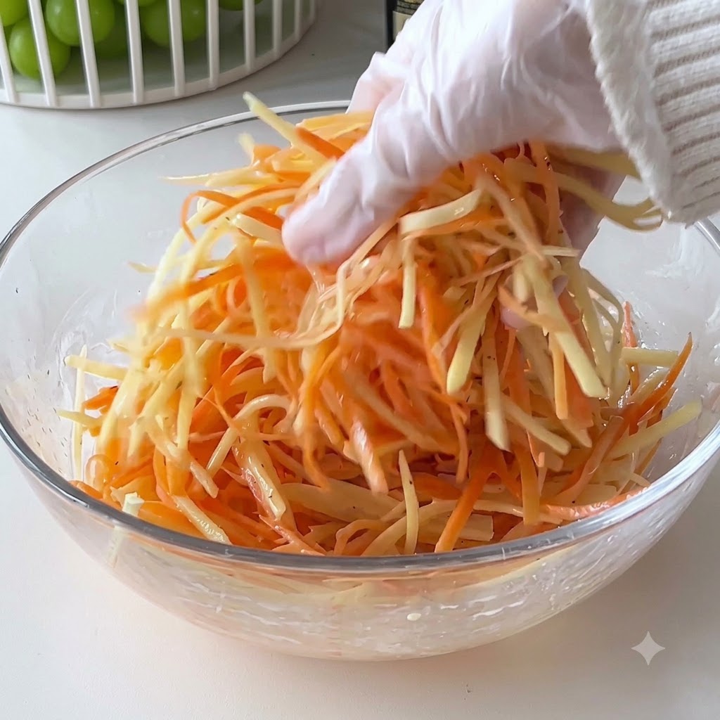 A gloved hand mixing shredded potatoes and carrots in a glass bowl.