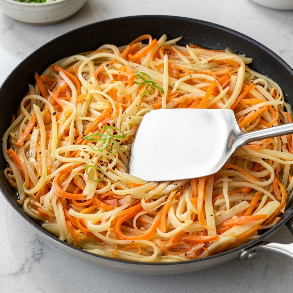 A metal spatula pressing down on a flat, circular layer of shredded potatoes and carrots in a frying pan.